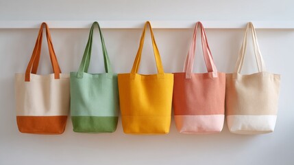 Colorful tote bags in various shades hanging on a white shelf, showcasing modern design and textile textures, ideal for eco-friendly shopping and fashion accessories