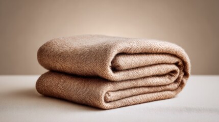 Soft, folded beige fabric blanket placed on a smooth surface, showcasing texture and warmth, ideal for home decor and cozy environments with inviting ambiance