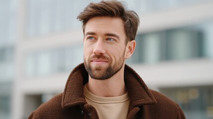 Handsome man with light brown hair and beard, wearing a cozy brown jacket, stands outdoors, smiling confidently, showcasing a modern urban environment and stylish fashion