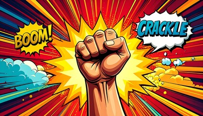 A comic book style raised fist against a burst, with dynamic lines and speech bubbles