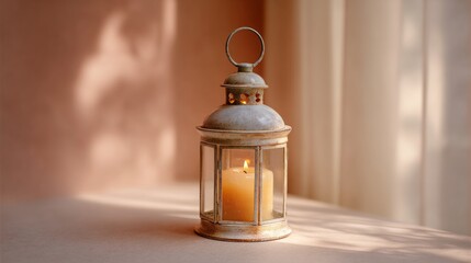 Vintage lantern with a warm candle glowing inside, placed on a soft surface, surrounded by gentle light and shadows, creating a cozy and inviting atmosphere