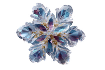 Sparkling crystal snowflake ornament with iridescent colors and gold glitter accents on transparent background