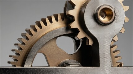 mechanism. Metallic gear mechanism concept with clean lines and soft lighting against a minimal grey background. product launch decks.
