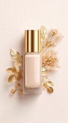 Elegant foundation bottle with golden accents surrounded by delicate golden flowers on a soft, neutral background creating a luxurious and sophisticated aesthetic