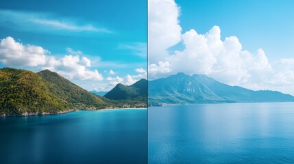Split View Lush Green Hills Meet Misty Mountains by Blue Sea ,Island ,Scenic