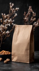 A brown paper bag stands tall amidst a rustic scene, accompanied by a bowl of almonds and delicate dried flowers, all set against a textured dark backdrop