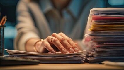 Close-up of a person working at a desk, surrounded by papers