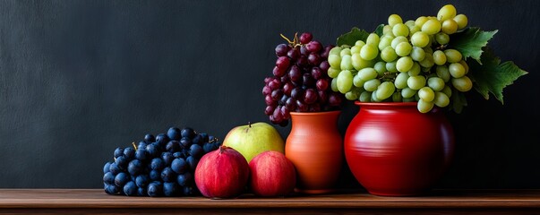 Still Life of Fruits and Grapes in Vases on Wooden Table , still life , fruits