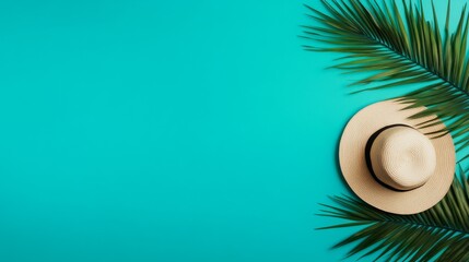 Straw Hat and Palm Leaves on Teal Backdrop, Summer, Vacation