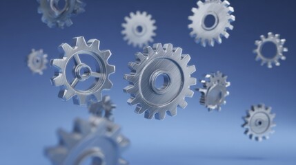 mechanism. Metallic gear mechanism concept with clean lines and soft lighting against a minimal grey background. product launch decks.
