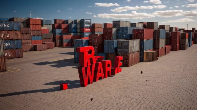 Trade war is a concept that is being displayed in a red font. A large red sign with the word trade war written in bold letters. The sign is surrounded by a large number of shipping containers