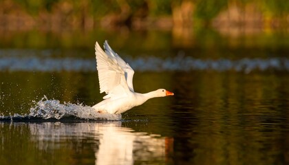 White goose skimming low across a lake, wings spread, wake of water droplets behind