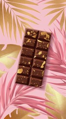 A delectable dark chocolate bar adorned with shimmering gold flakes, set against a backdrop of pink and gold palm leaves, creating a luxurious and indulgent treat