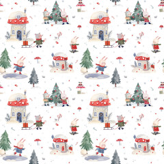 Hand-drawn naive seamless Christmas pattern with woodland animals in snowy forest, winter holiday design