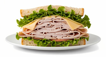 Turkey sandwich on white plate with fresh lettuce and tomato in bright studio lighting on white background for food advertising
