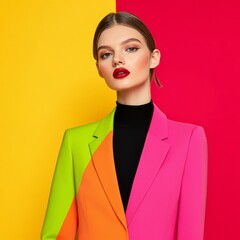 Vibrant Portrait Woman in Color Block Blazer, Red Lipstick and Bold Backdrop,Fashion, Beauty