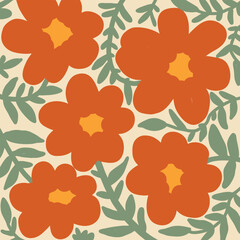 Abstract floral pattern with bold colors and shapes. A lively and colorful abstract floral pattern featuring large, stylized flowers and lush green leaves on a white background..