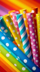 A vibrant collection of colorful paper straws, each adorned with playful patterns like polka dots and stripes, creates a cheerful and whimsical composition
