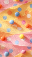A whimsical closeup of pastelcolored ribbons adorned with colorful polka dots and scattered candy creates a playful and cheerful abstract composition