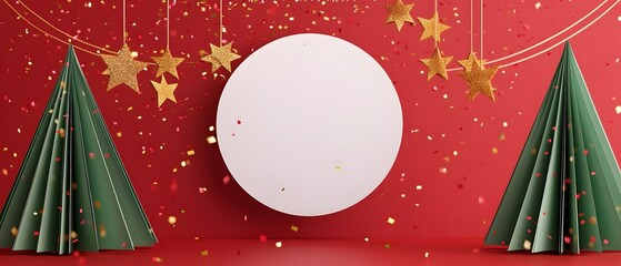 Festive Christmas scene with a blank white circle podium and paper trees on a red background.
