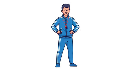 Obraz premium Cartoon Coach in Blue Tracksuit with Whistle Standing.