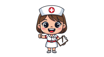 Cute Cartoon Nurse Character Giving Thumbs Up Holding Clipboard.