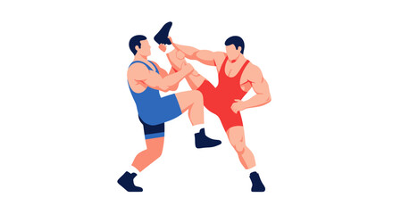 Two Male Wrestlers in Intense Grappling Match.