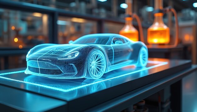 Futuristic car blueprint glows blue in modern lab. Digital wireframe vehicle displays advanced design. Auto tech research and innovation in science center.