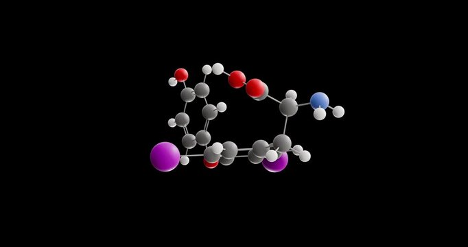 3,5-Diiodothyronine molecule, rotating 3D model of thyroid hormone, looped video on a black background
