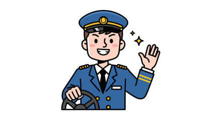 Friendly Cartoon Driver in Blue Uniform Waving and Holding Steering Wheel.