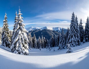 Snowy mountain forest panorama (1)