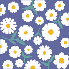 Charming repeating pattern of white daisies with green leaves on a soft gray background.