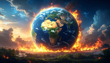 Earth enveloped in flames against cloudy sky over a green landscape