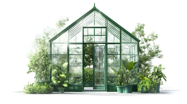 Realistic digital art of a classic glass greenhouse with lush foliage for garden design inspiration