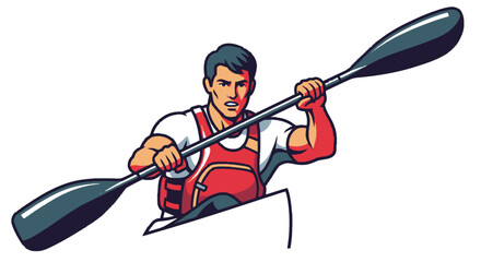 Muscular Man Paddling Kayak with Red Life Vest and Paddle. © Ilma