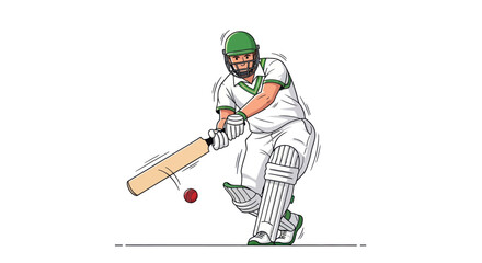 Cricketer in action swinging a bat to hit a red ball during a match.