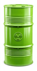 A bright, vibrant green metal drum, featuring a prominent radioactive symbol, is presented against a plain white background.
