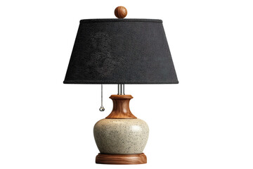 Elegant table lamp with a black lampshade and a decorative wood and speckled base on transparent background