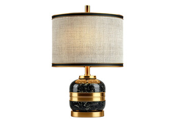 Elegant table lamp with a textured shade and a black marble base accented with gold trim on transparent background