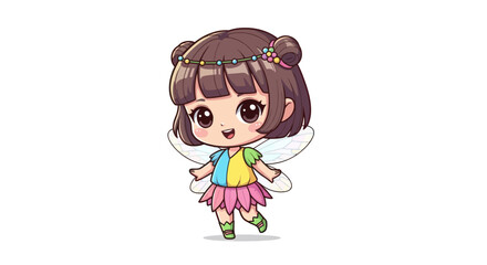Adorable Cartoon Fairy with Brown Hair and Colorful Dress.