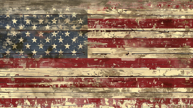 Distressed American Flag on Weathered Wood Planks for Patriotic Backgrounds and Textures