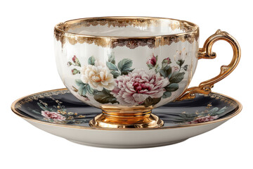 Elegant teacup and saucer set with floral design and gold trim for afternoon tea service on transparent background