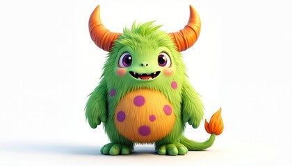 Fototapeta premium Green furry cartoon monster with orange horns, tail stands on white background. This cute, friendly creature has purple dots on its belly, big eyes smiling happily. Perfect for kids content, designs.