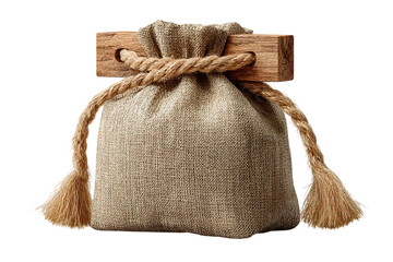 Rustic burlap sack with wooden closure and rope ties for gifts and storage solutions on transparent background