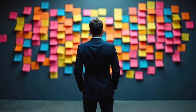 Man in suit faces wall of colorful sticky notes. Businessman plans ideas, brainstorms, organizes thoughts for project strategy. Professional faces challenge, makes decisions.