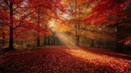 Obraz premium Autumn forest landscape background, vibrant red and golden trees, fallen leaves on the ground, sunlight streaming through branches background