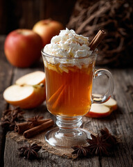 Cozy apple cider with whipped cream and cinnamon sticks on rustic wooden table evokes autumn