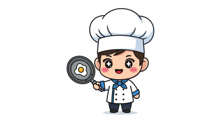 Adorable Cartoon Chef Character Holding a Frying Pan with Fried Egg.