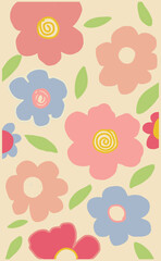 Vibrant retro floral pattern with abstract blooms and leaves on a creamy background.