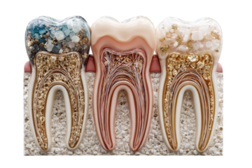 Detailed tooth anatomy showcasing healthy and unhealthy teeth with enamel and root structure illustration on transparent background